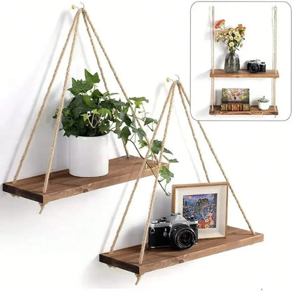Wooden Swing Hanging Hemp Rope Wall Shelf
