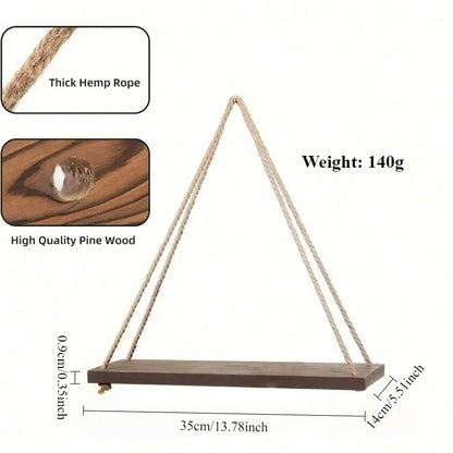 Wooden Swing Hanging Hemp Rope Wall Shelf