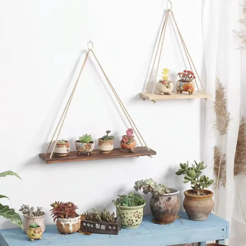 Wooden Swing Hanging Hemp Rope Wall Shelf